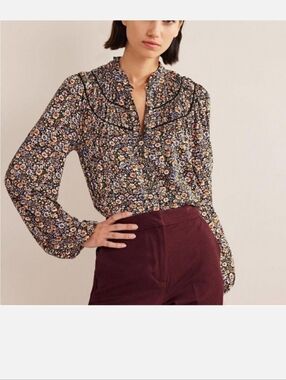 Boden Floral Ruched Yoke Blouse US 6 Jersey Button Front Long Sleeve Top